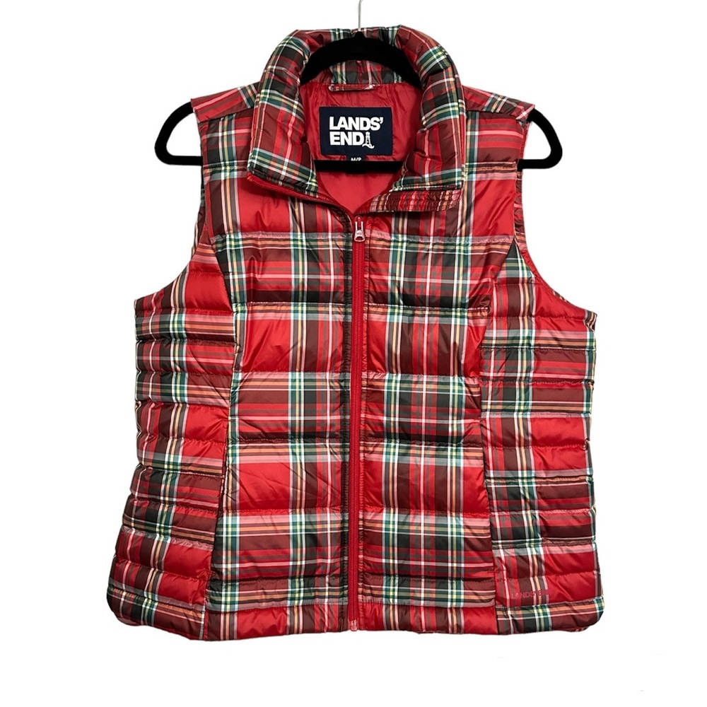 Lands' End Women's Plaid Print Red Puffer Vest Sleeveless Jacket sz M/P 10-12 - Picture 1 of 9